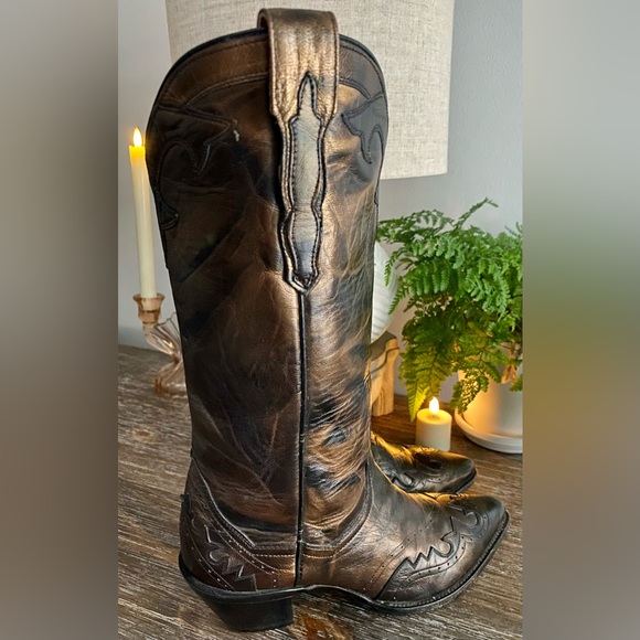 Vintage Dan Post Womens 8.5M Leather Cowboy Boots Snip Toe Metallic Bronze Brown - Picture 4 of 9